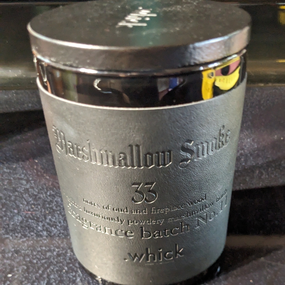.WHICK 16 oz Black Leather Jar Double Wicks Marshmallow Fireside Scented